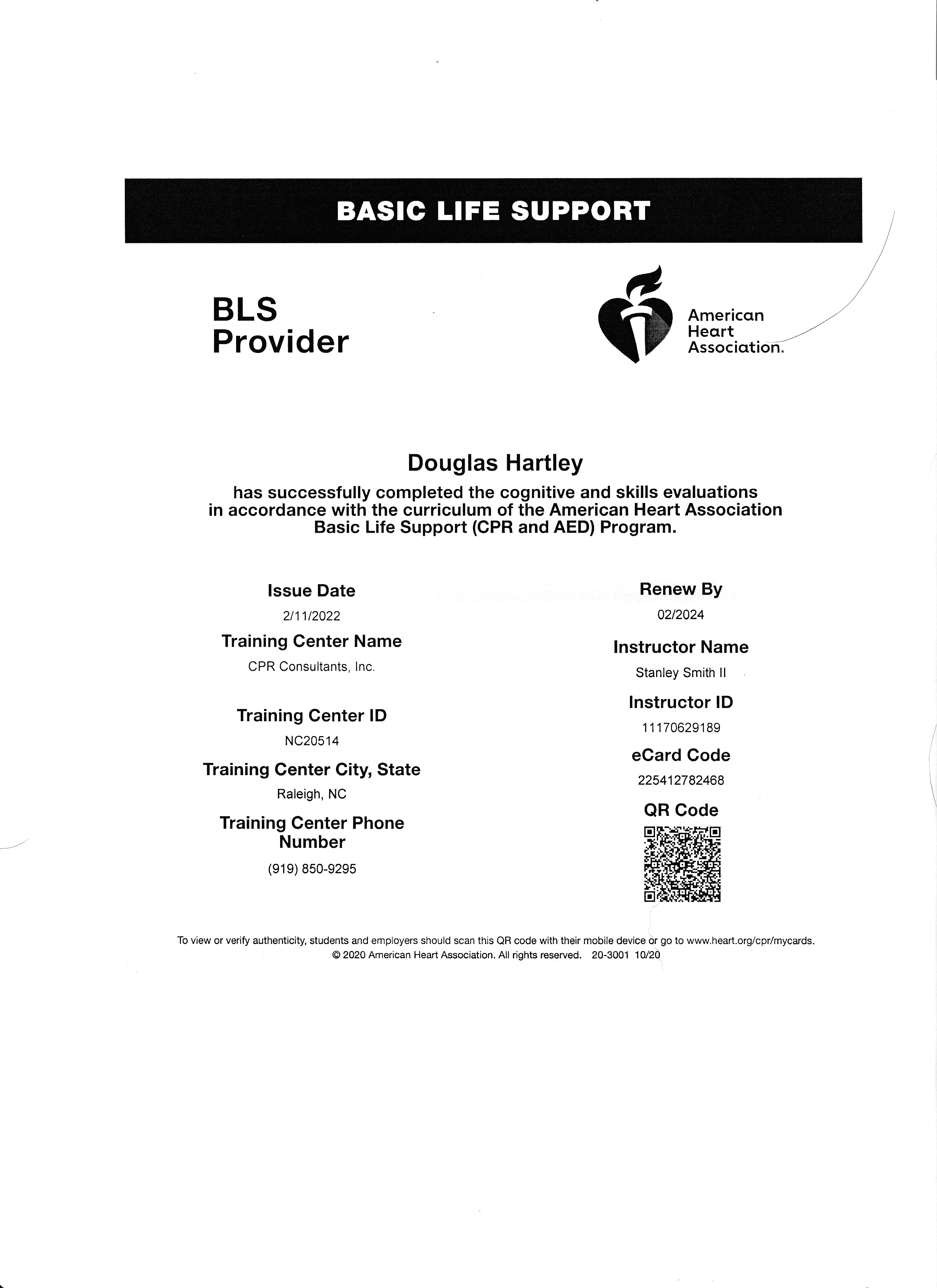 American Heart Association Basic Life Support BLS Card Douglas Hartley Raleigh Durham 225412782468